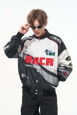 Color-Block Motorcycle Racing Jacket - American Style, Trendy 90s Fashion, Edgy Biker Look, Perfect for Casual Outings