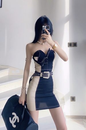 Color-Block One-Shoulder Strapless Bodycon Mini Dress - Hot Girl Flip Design, 90s Inspired, Slim Fit Party Style