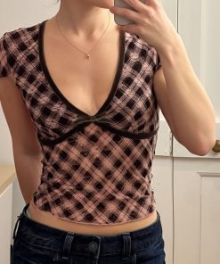 Color Block Plaid Print T-Shirt - Low V-Neck, Slim Fit, Sexy Versatile Short Top - Rebel British Style, Y2K Fashion