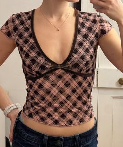 Color Block Plaid Print T-Shirt - Low V-Neck, Slim Fit, Sexy Versatile Short Top - Rebel British Style, Y2K Fashion