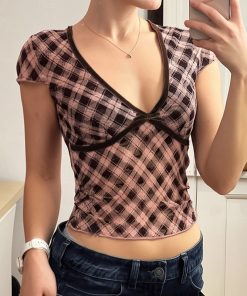 Color Block Plaid Print T-Shirt - Low V-Neck, Slim Fit, Sexy Versatile Short Top - Rebel British Style, Y2K Fashion