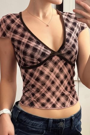Color Block Plaid Print T-Shirt - Low V-Neck, Slim Fit, Sexy Versatile Short Top - Rebel British Style, Y2K Fashion