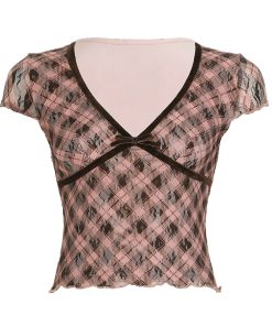 Color Block Plaid Print T-Shirt - Low V-Neck, Slim Fit, Sexy Versatile Short Top - Rebel British Style, Y2K Fashion