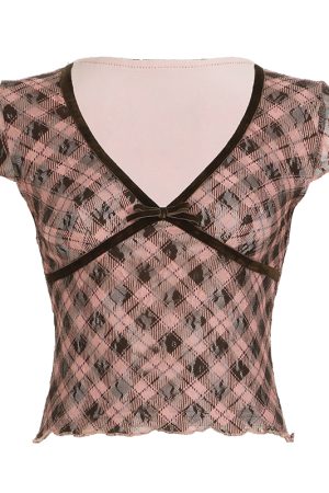 Color Block Plaid Print T-Shirt - Low V-Neck, Slim Fit, Sexy Versatile Short Top - Rebel British Style, Y2K Fashion