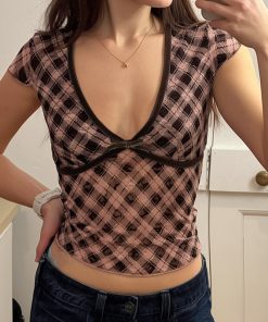 Color Block Plaid Print T-Shirt - Low V-Neck, Slim Fit, Sexy Versatile Short Top - Rebel British Style, Y2K Fashion