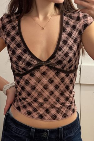 Color Block Plaid Print T-Shirt - Low V-Neck, Slim Fit, Sexy Versatile Short Top - Rebel British Style, Y2K Fashion