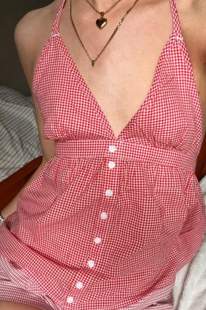 Color-Block Plaid V-Neck Halter Top - French Sweet Style, Loose Fit, Versatile Hot Girl Fashion for Y2K and 90s Inspired Looks