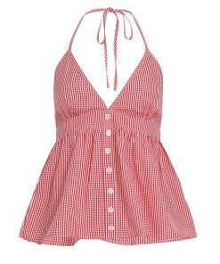 Color-Block Plaid V-Neck Halter Top - French Sweet Style, Loose Fit, Versatile Hot Girl Fashion for Y2K and 90s Inspired Looks