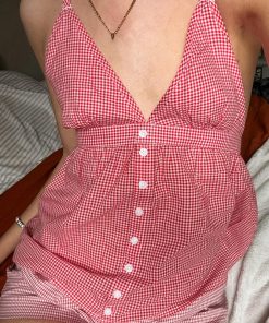 Color-Block Plaid V-Neck Halter Top - French Sweet Style, Loose Fit, Versatile Hot Girl Fashion for Y2K and 90s Inspired Looks