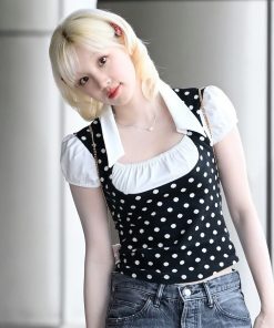 Color-Block Polka Dot Spliced Lapel Faux Two-Piece T-Shirt - Slim-Fit Versatile French Style Short Top