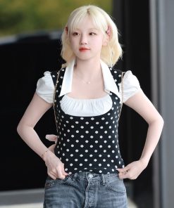 Color-Block Polka Dot Spliced Lapel Faux Two-Piece T-Shirt - Slim-Fit Versatile French Style Short Top