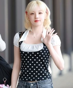 Color-Block Polka Dot Spliced Lapel Faux Two-Piece T-Shirt - Slim-Fit Versatile French Style Short Top