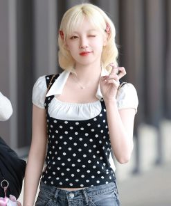 Color-Block Polka Dot Spliced Lapel Faux Two-Piece T-Shirt - Slim-Fit Versatile French Style Short Top