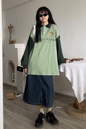Color Block Polo Collar Embroidered Terry Sweatshirt - Handmade Loose Fit Unisex Fashion in Japanese Style for Autumn