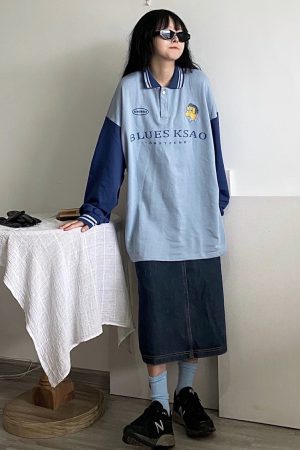 Color Block Polo Collar Embroidered Terry Sweatshirt - Handmade Loose Fit Unisex Fashion in Japanese Style for Autumn