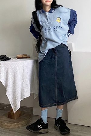 Color Block Polo Collar Embroidered Terry Sweatshirt - Handmade Loose Fit Unisex Fashion in Japanese Style for Autumn