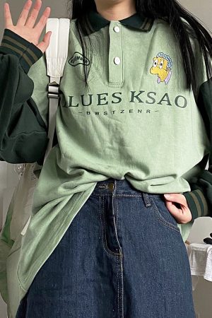 Color Block Polo Collar Embroidered Terry Sweatshirt - Handmade Loose Fit Unisex Fashion in Japanese Style for Autumn