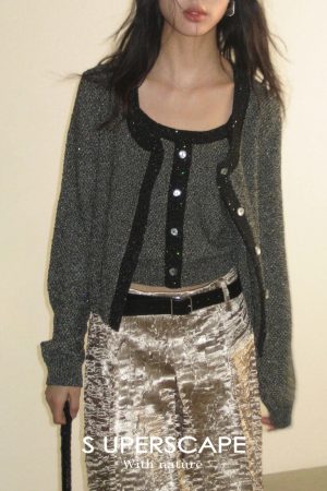 Color-Block Sequined Knitted Jacket for Early Spring - Trendy Layering Piece for 90s and Y2K Fashion Lovers