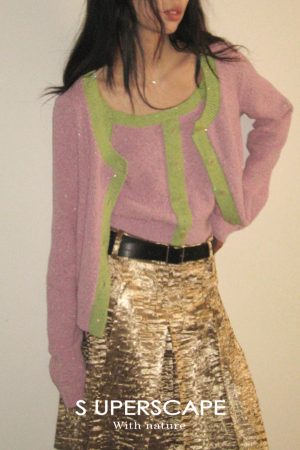 Color-Block Sequined Knitted Jacket for Early Spring - Trendy Layering Piece for 90s and Y2K Fashion Lovers