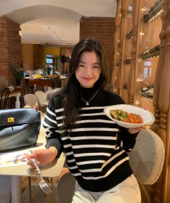 Color-Block Striped Sweater for Women â€“ Loose Half-High Collar Knitted Top for Autumn and Winter, Trendy Fashion Style