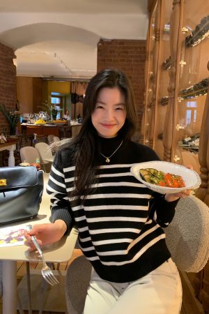 Color-Block Striped Sweater for Women â€“ Loose Half-High Collar Knitted Top for Autumn and Winter, Trendy Fashion Style
