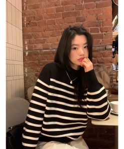 Color-Block Striped Sweater for Women â€“ Loose Half-High Collar Knitted Top for Autumn and Winter, Trendy Fashion Style