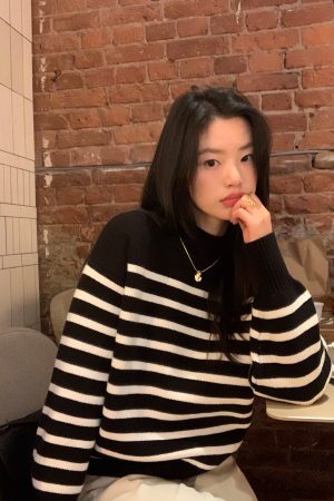 Color-Block Striped Sweater for Women â€“ Loose Half-High Collar Knitted Top for Autumn and Winter, Trendy Fashion Style