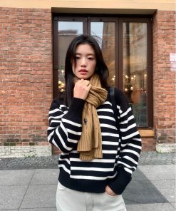 Color-Block Striped Sweater for Women â€“ Loose Half-High Collar Knitted Top for Autumn and Winter, Trendy Fashion Style