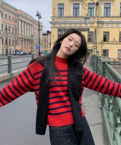 Color-Block Striped Sweater for Women â€“ Loose Half-High Collar Knitted Top for Autumn and Winter, Trendy Fashion Style