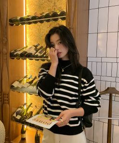 Color-Block Striped Sweater for Women â€“ Loose Half-High Collar Knitted Top for Autumn and Winter, Trendy Fashion Style