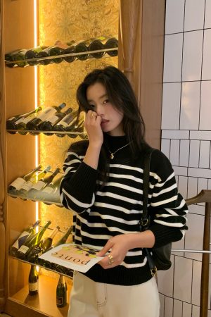 Color-Block Striped Sweater for Women â€“ Loose Half-High Collar Knitted Top for Autumn and Winter, Trendy Fashion Style