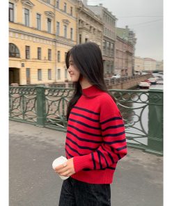 Color-Block Striped Sweater for Women â€“ Loose Half-High Collar Knitted Top for Autumn and Winter, Trendy Fashion Style