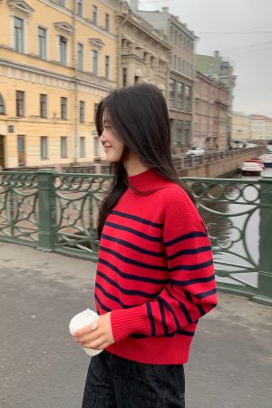 Color-Block Striped Sweater for Women â€“ Loose Half-High Collar Knitted Top for Autumn and Winter, Trendy Fashion Style