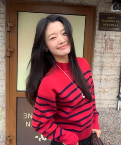 Color-Block Striped Sweater for Women â€“ Loose Half-High Collar Knitted Top for Autumn and Winter, Trendy Fashion Style