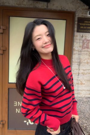 Color-Block Striped Sweater for Women â€“ Loose Half-High Collar Knitted Top for Autumn and Winter, Trendy Fashion Style