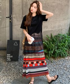 Color-Block Two-Piece Skirt Set for Women, Stylish Black Top, Elegant Summer Fashion 2025, Trendy Dopamine Colors