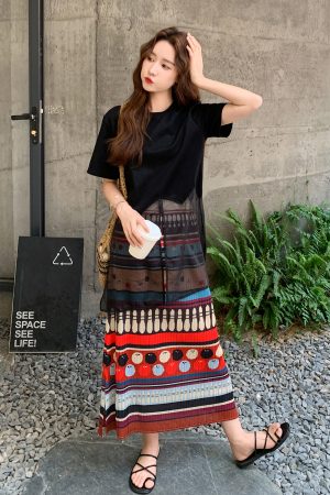 Color-Block Two-Piece Skirt Set for Women, Stylish Black Top, Elegant Summer Fashion 2025, Trendy Dopamine Colors