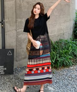Color-Block Two-Piece Skirt Set for Women, Stylish Black Top, Elegant Summer Fashion 2025, Trendy Dopamine Colors