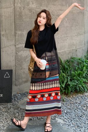 Color-Block Two-Piece Skirt Set for Women, Stylish Black Top, Elegant Summer Fashion 2025, Trendy Dopamine Colors