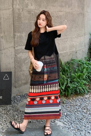 Color-Block Two-Piece Skirt Set for Women, Stylish Black Top, Elegant Summer Fashion 2025, Trendy Dopamine Colors