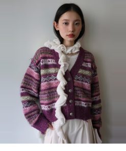 Color-Block V-Neck Fair Isle Striped Jacquard Knit Cardigan - Trendy Layering Piece for 90s Inspired Style