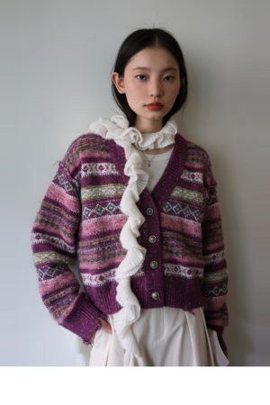Color-Block V-Neck Fair Isle Striped Jacquard Knit Cardigan - Trendy Layering Piece for 90s Inspired Style