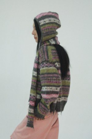 Color-Block V-Neck Fair Isle Striped Jacquard Knit Cardigan - Trendy Layering Piece for 90s Inspired Style