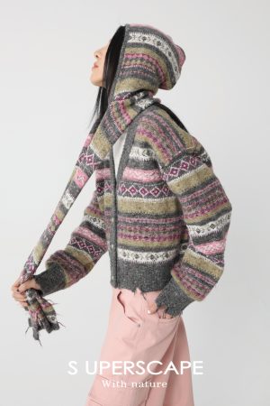 Color-Block V-Neck Fair Isle Striped Jacquard Knit Cardigan - Trendy Layering Piece for 90s Inspired Style
