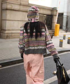 Color-Block V-Neck Fair Isle Striped Jacquard Knit Cardigan - Trendy Layering Piece for 90s Inspired Style