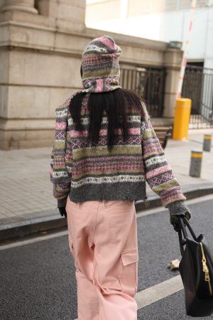 Color-Block V-Neck Fair Isle Striped Jacquard Knit Cardigan - Trendy Layering Piece for 90s Inspired Style