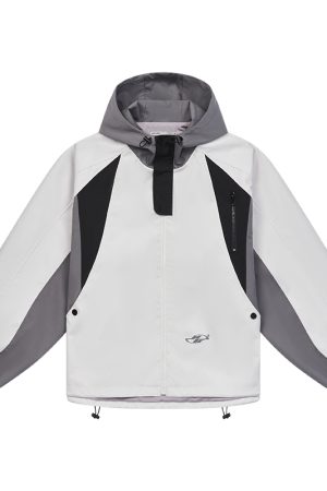 Color-Blocked Deconstructed Arc-Shaped Hooded Jacket - Trendy Y2K Style Outerwear for Fashion-Forward Looks