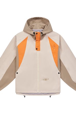 Color-Blocked Deconstructed Arc-Shaped Hooded Jacket - Trendy Y2K Style Outerwear for Fashion-Forward Looks