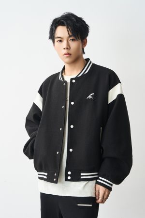 Color-Blocked Embroidered Baseball Jacket in Coarse Wool Fabric - Clean Fit, Trendy Streetwear Style