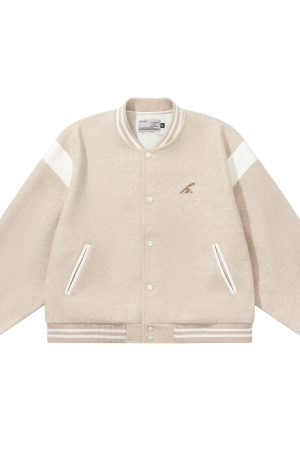 Color-Blocked Embroidered Baseball Jacket in Coarse Wool Fabric - Clean Fit, Trendy Streetwear Style